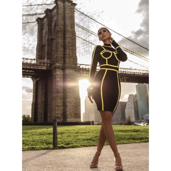 Athina Black & Yellow Outlined Bandage Long-Sleeve Rayon Dress Size Small - Picture 9 of 12